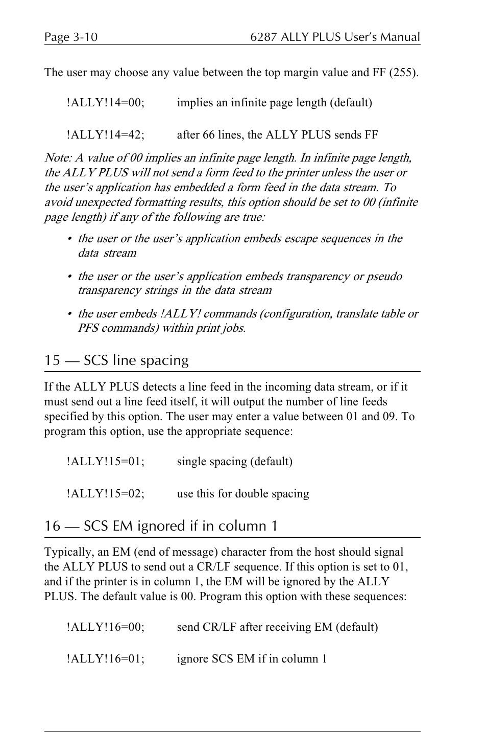 15 — scs line spacing, 16 — scs em ignored if in column 1 | Xerox ALLY PLUSTM 6287 User Manual | Page 50 / 186