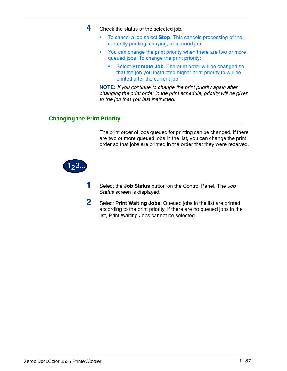 Changing the print priority, Changing the print priority 1–87 | Xerox 3535 User Manual | Page 105 / 268