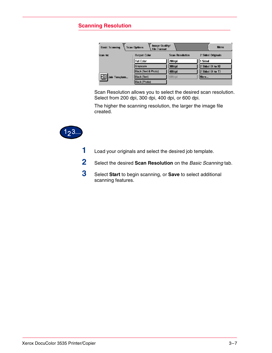 Scanning resolution | Xerox 3535 User Manual | Page 119 / 268
