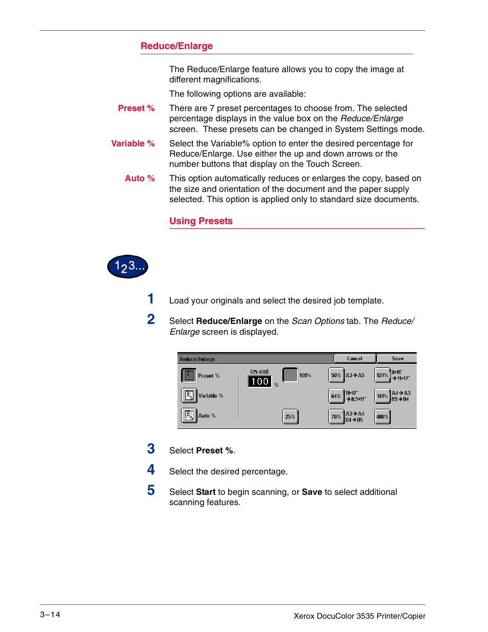 Reduce/enlarge, Using presets | Xerox 3535 User Manual | Page 126 / 268