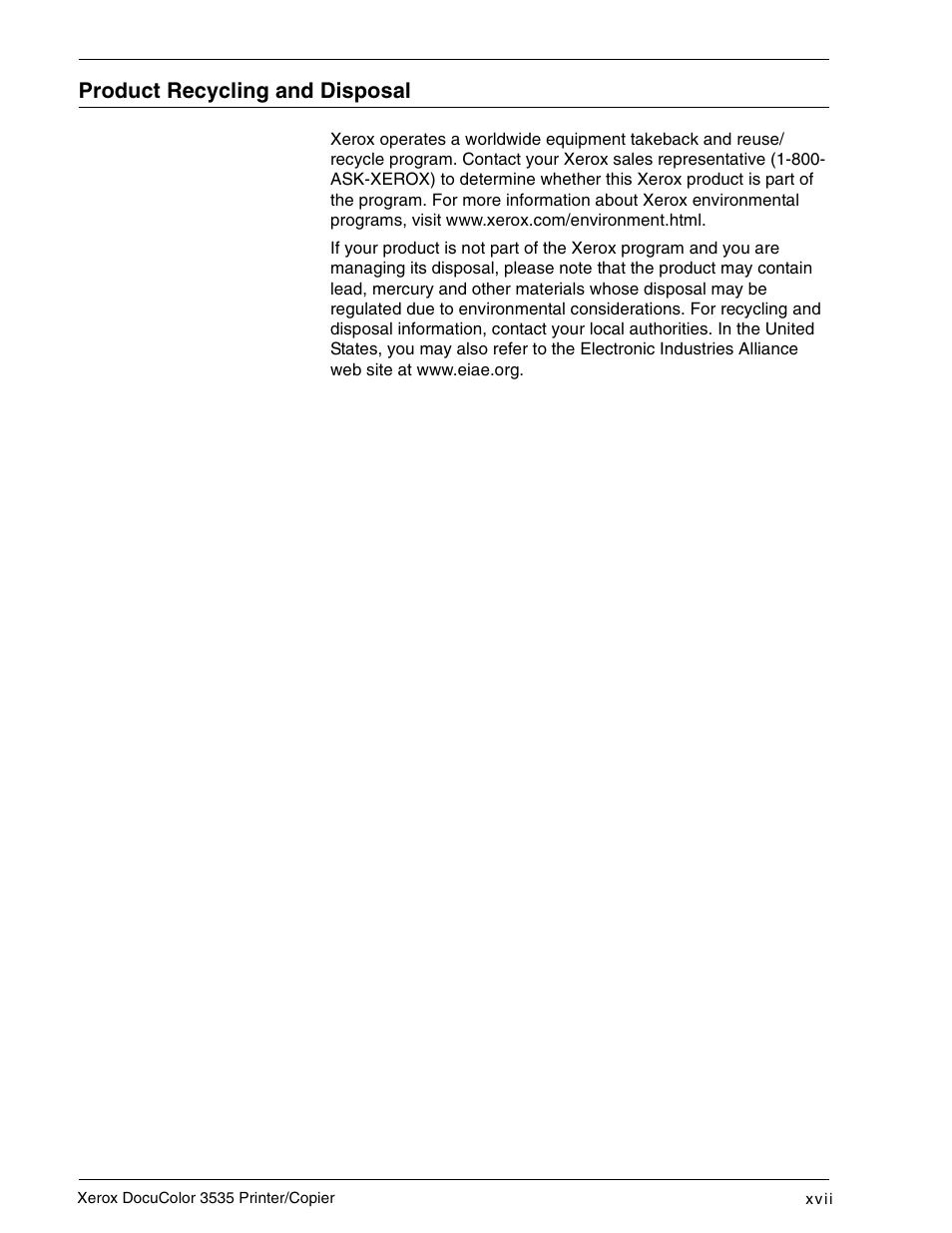 Product recycling and disposal, Product recycling and disposal xvii | Xerox 3535 User Manual | Page 17 / 268