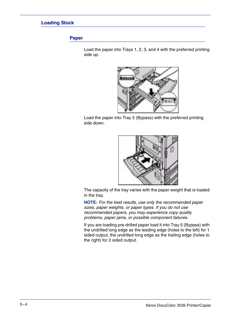 Loading stock, Paper, Loading stock 5–4 | Xerox 3535 User Manual | Page 204 / 268