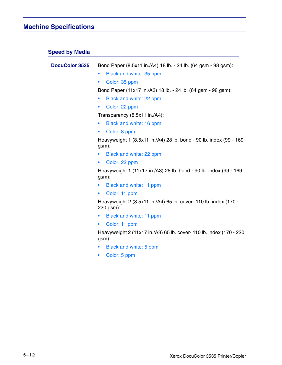 Machine specifications, Speed by media, Machine specifications 5–12 | Speed by media 5–12 | Xerox 3535 User Manual | Page 212 / 268