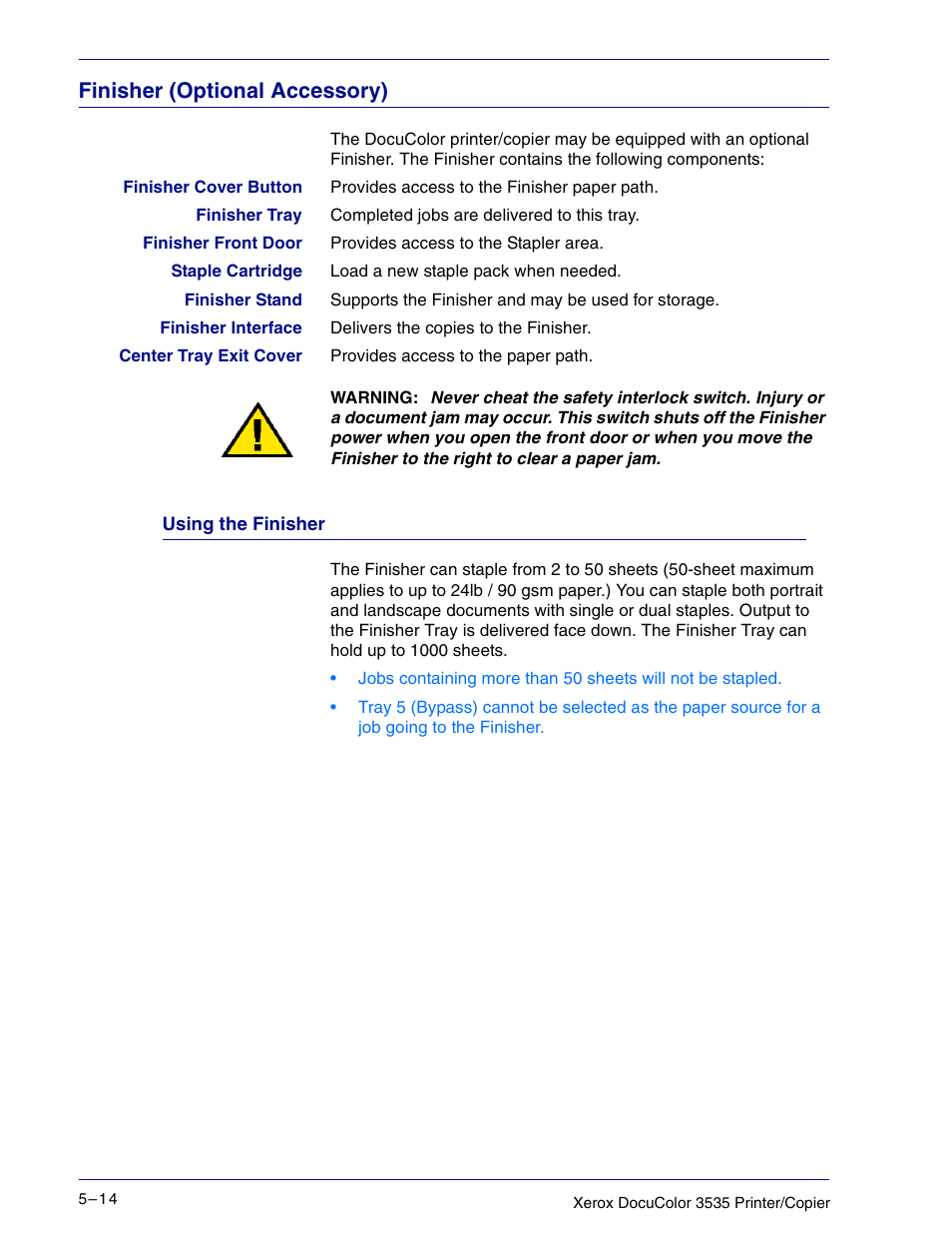 Finisher (optional accessory), Using the finisher, Finisher (optional accessory) 5–14 | Using the finisher 5–14 | Xerox 3535 User Manual | Page 214 / 268