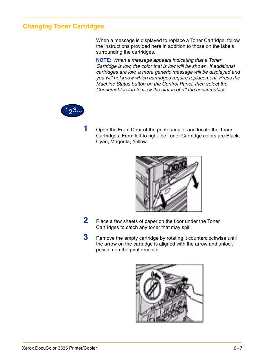 Changing toner cartridges, Changing toner cartridges 6–7 | Xerox 3535 User Manual | Page 223 / 268
