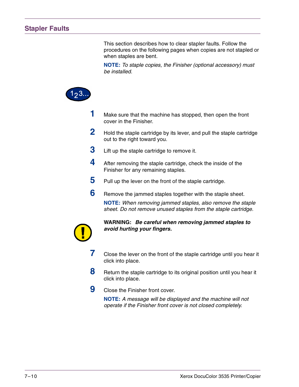 Stapler faults, Stapler faults 7–10 | Xerox 3535 User Manual | Page 244 / 268