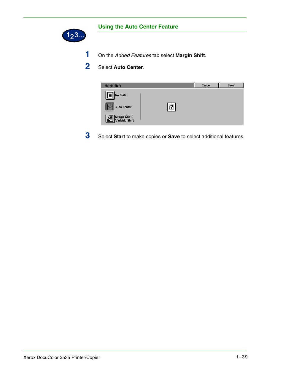 Using the auto center feature | Xerox 3535 User Manual | Page 57 / 268