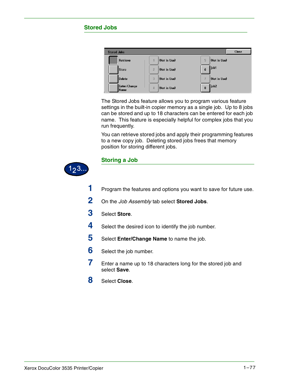 Stored jobs, Storing a job | Xerox 3535 User Manual | Page 95 / 268