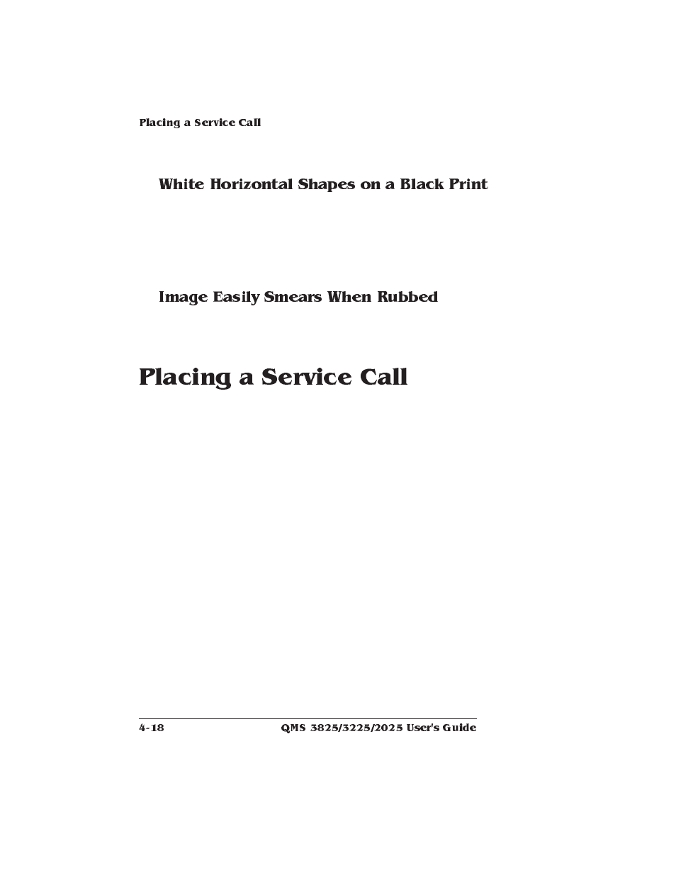 White horizontal shapes on a black print, Image easily smears when rubbed, Placing a service call | Xerox 2025 User Manual | Page 108 / 222