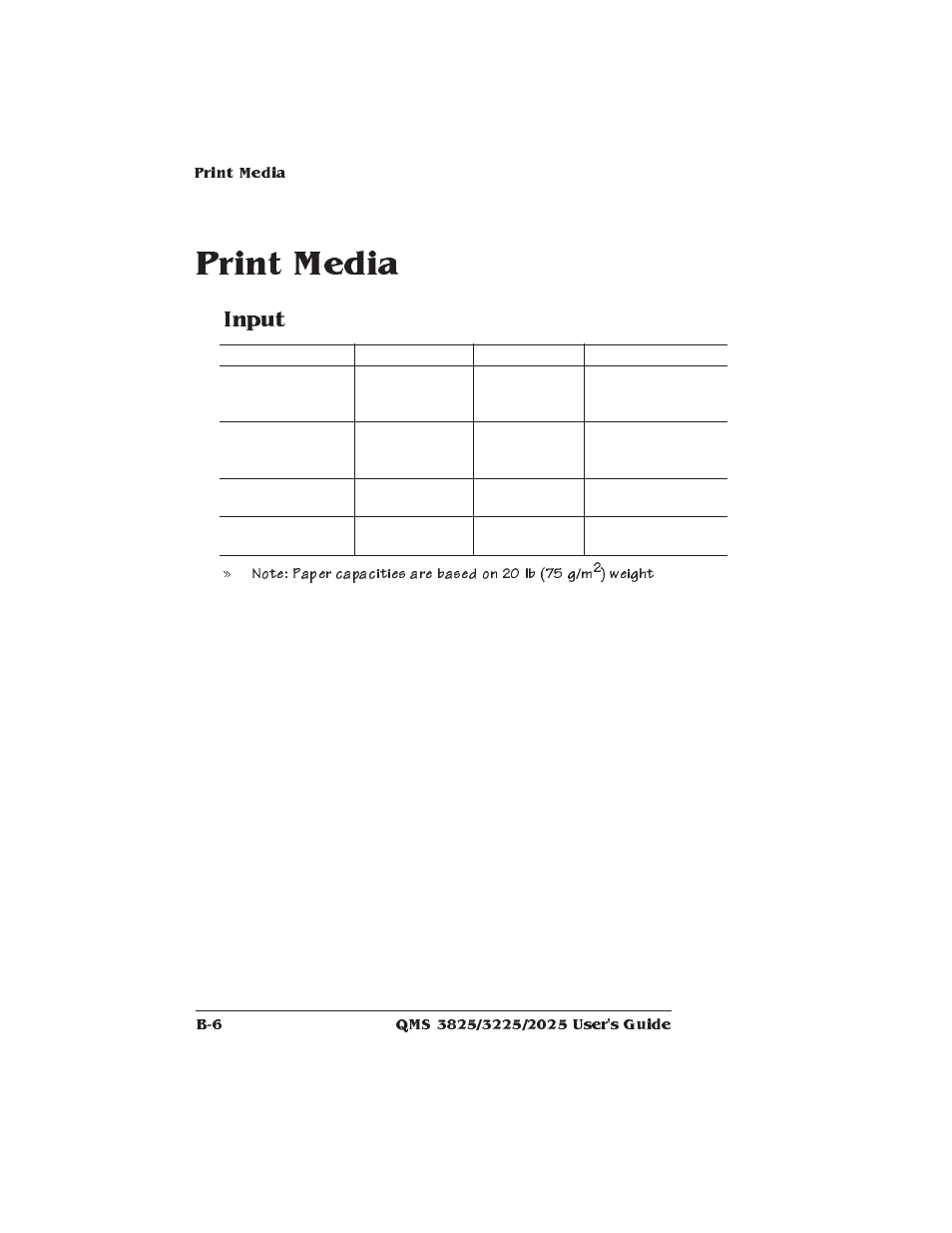 Print media, Input, Print media specifications | Xerox 2025 User Manual | Page 140 / 222