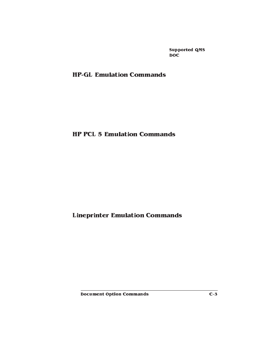Hp-gl emulation commands, Hp pcl 5 emulation commands, Lineprinter emulation commands | Xerox 2025 User Manual | Page 147 / 222