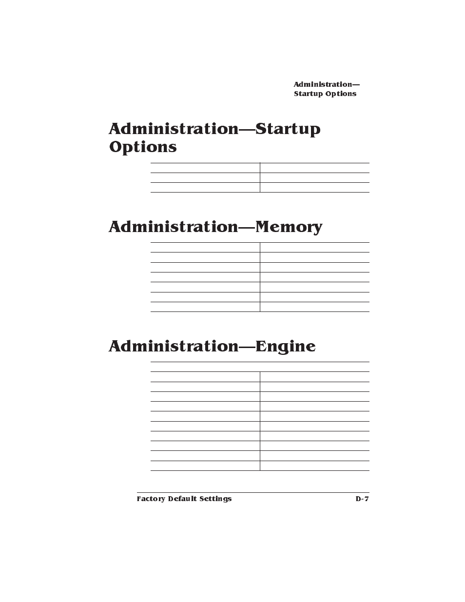Administration—startup options, Administration—memory, Administration—engine | Xerox 2025 User Manual | Page 187 / 222