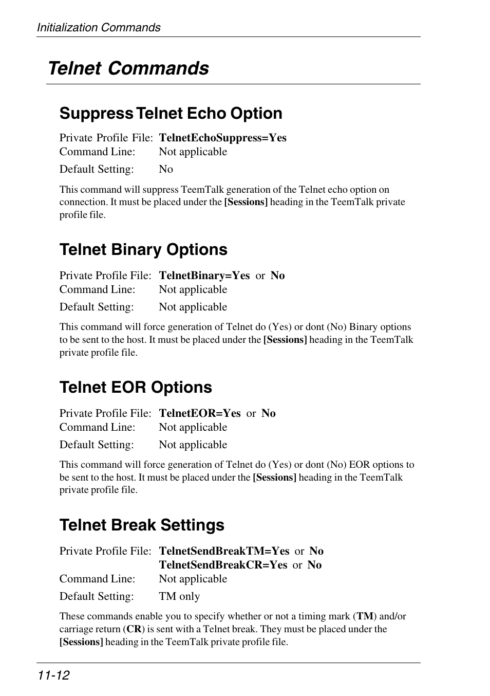 Telnet commands, Suppress telnet echo option, Telnet binary options | Telnet break settings, Telnet eor options, Initialization commands, Telnet commands -12 | Xerox -05W User Manual | Page 188 / 370