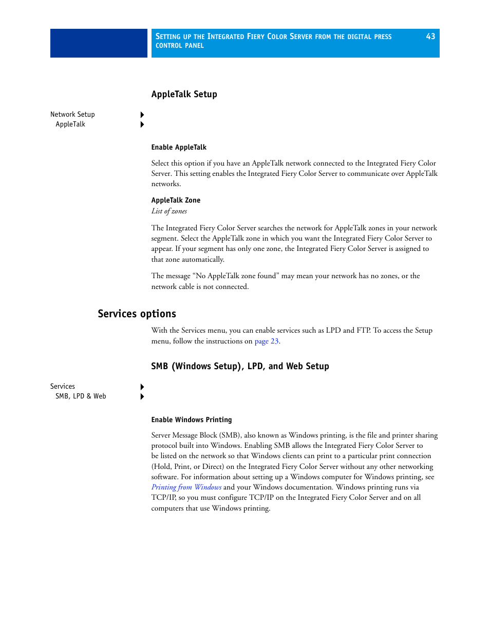 Appletalk setup, Services options, Smb (windows setup), lpd, and web setup | Xerox 700 User Manual | Page 43 / 80