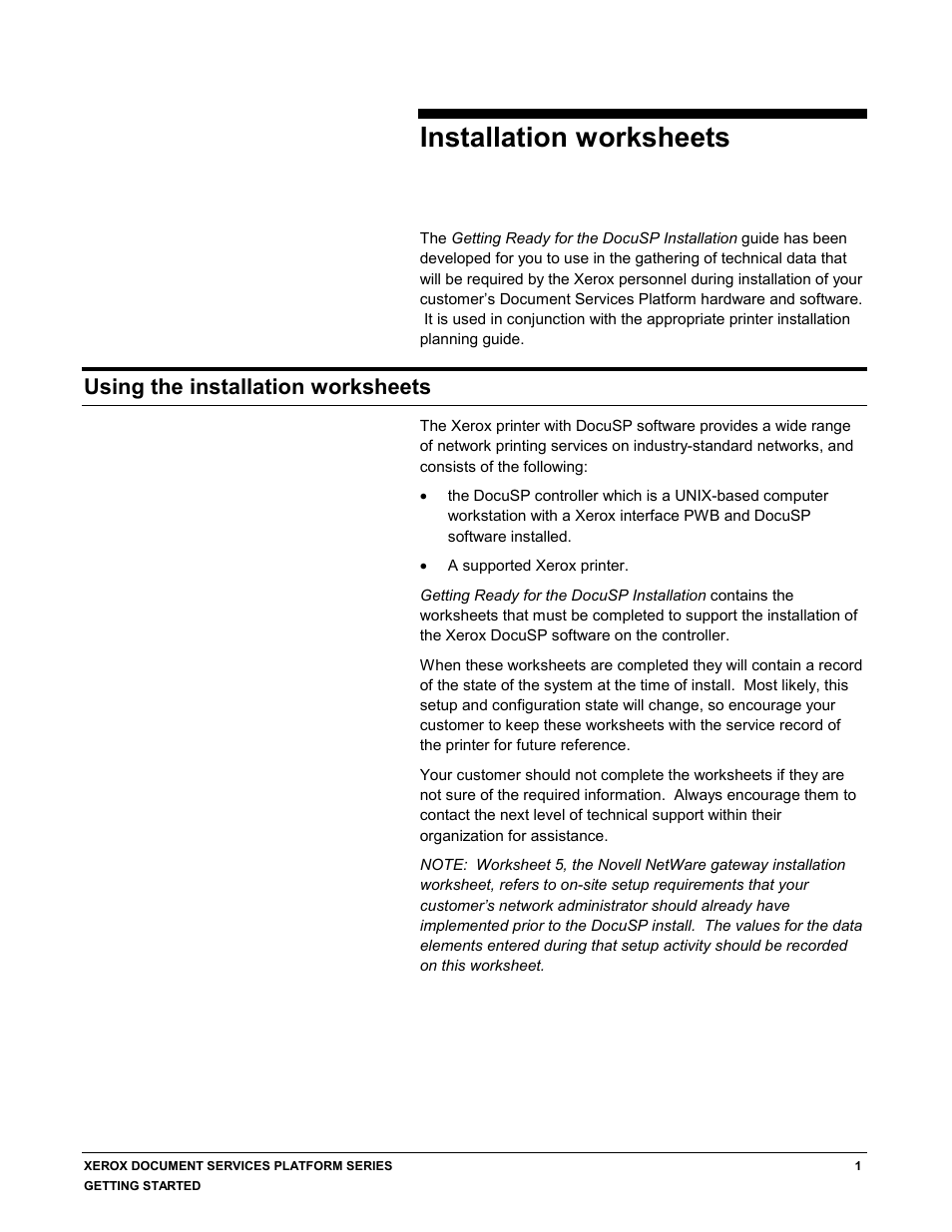 Installation worksheets, Using the installation worksheets | Xerox 701P38969 User Manual | Page 5 / 27