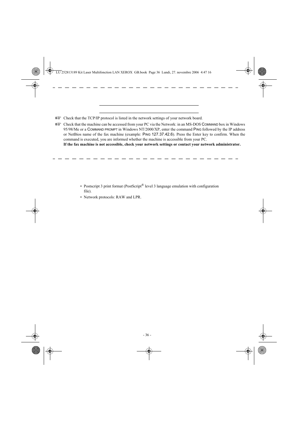 Roubleshooting, Echnical, Characteristics | Xerox FaxCentre F2121 User Manual | Page 36 / 112