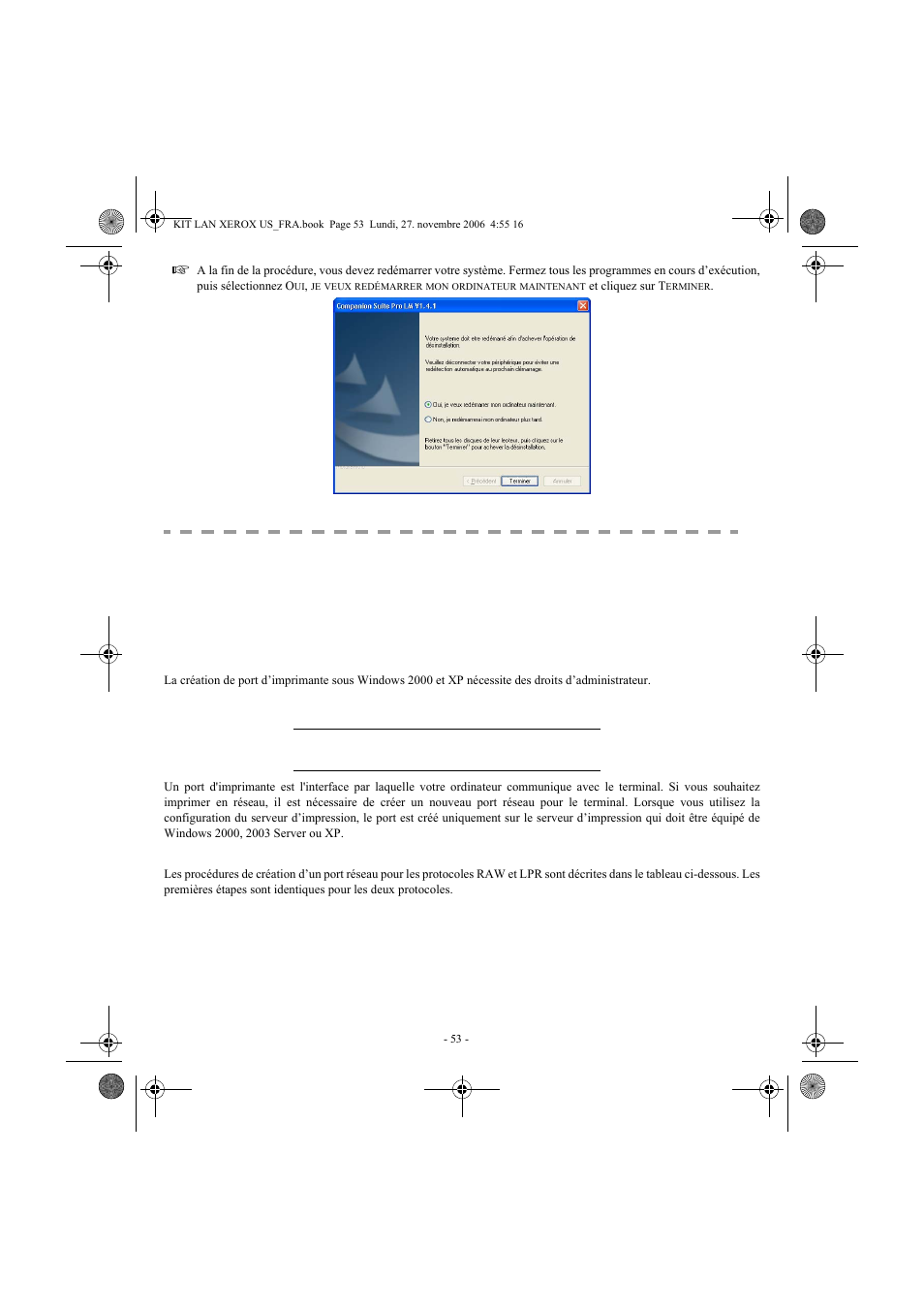 Églage, Client, Pour | Impression, Réseau, Ostscript, Émulation, Langage, Ospscript, Niveau | Xerox FaxCentre F2121 User Manual | Page 53 / 112