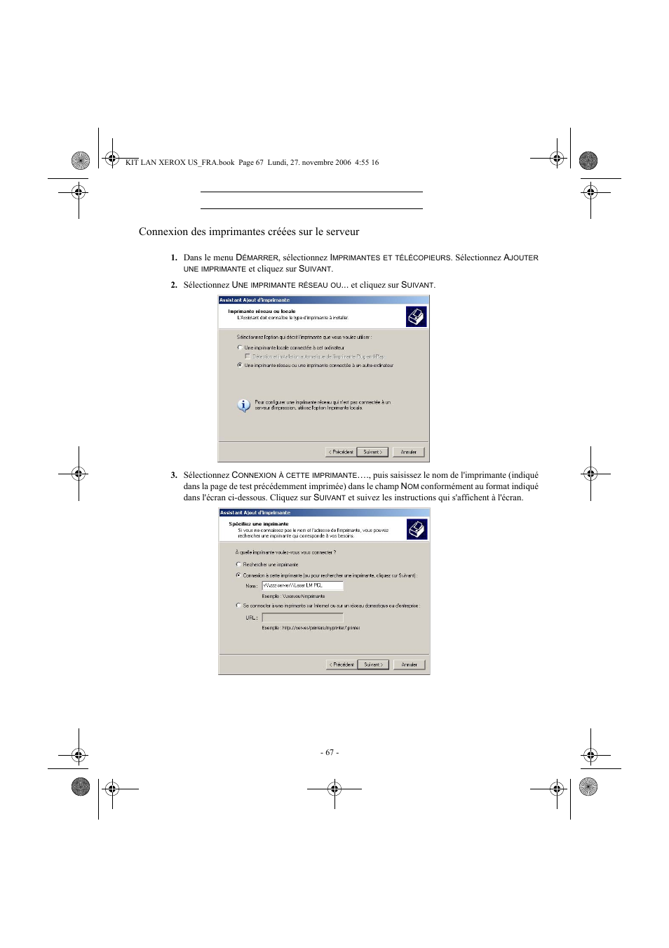 Connexion des imprimantes créées sur le serveur | Xerox FaxCentre F2121 User Manual | Page 67 / 112