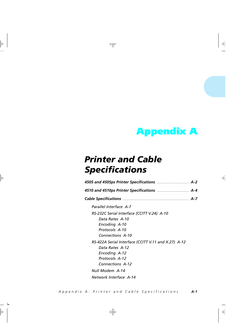 Appendix a, Printer and cable specifications | Xerox 4505/4505ps User Manual | Page 203 / 286