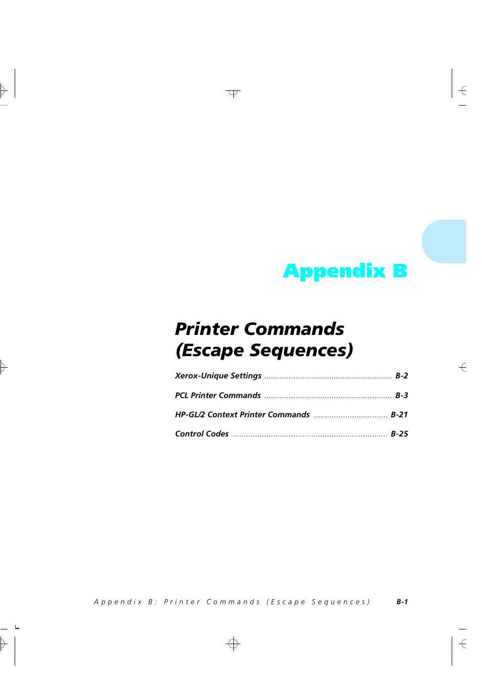Appendix b, Printer commands (escape sequences) | Xerox 4505/4505ps User Manual | Page 217 / 286