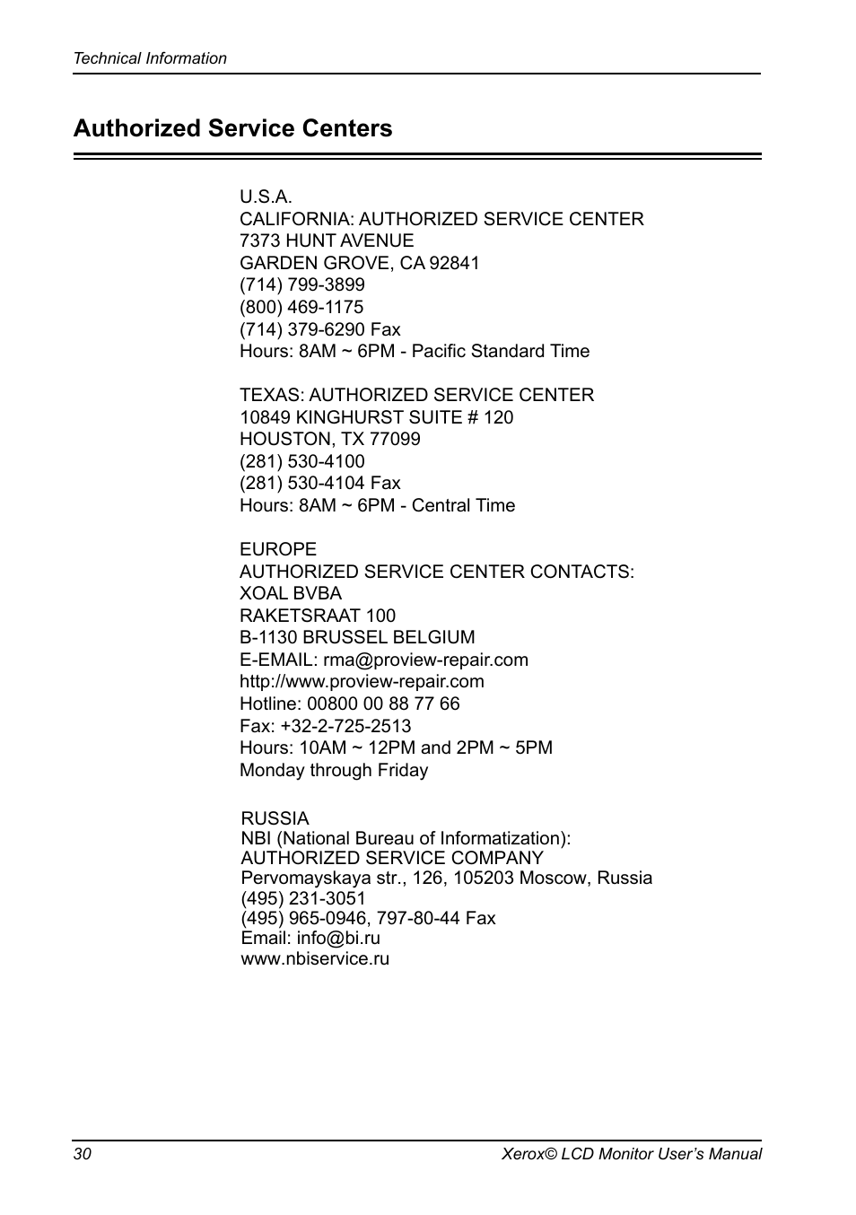 Authorized service centers | Xerox XM3-22w User Manual | Page 31 / 31