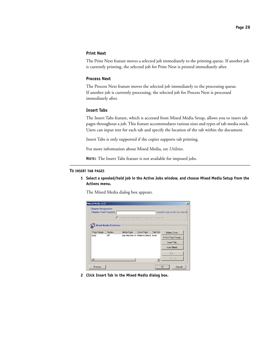 Print next, Process next, Insert tabs | Xerox DocuColor 250 User Manual | Page 26 / 30