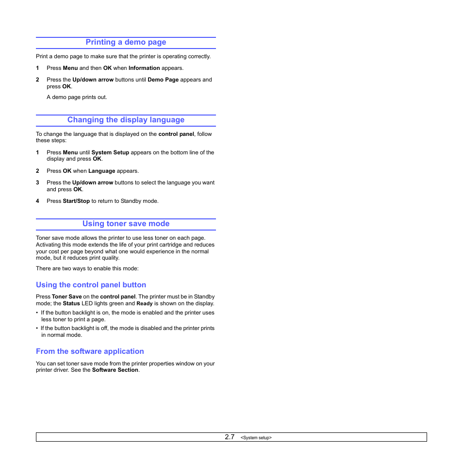 Changing the display language, Using toner save mode, Using the control panel button | From the software application, Printing a demo page | Xerox Phaser 3435 User Manual | Page 22 / 98