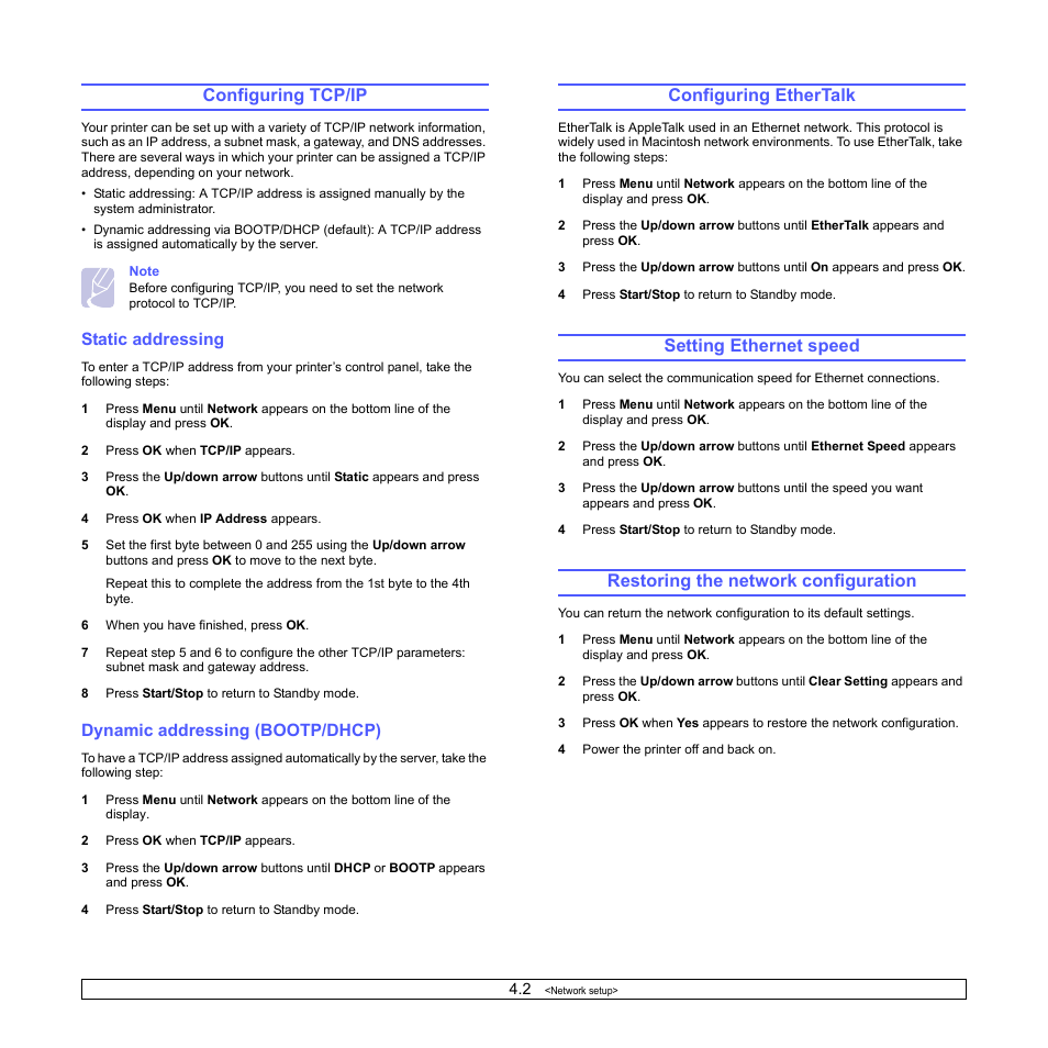 Configuring tcp/ip, Static addressing, Dynamic addressing (bootp/dhcp) | Configuring ethertalk, Setting ethernet speed, Restoring the network configuration | Xerox Phaser 3435 User Manual | Page 26 / 98