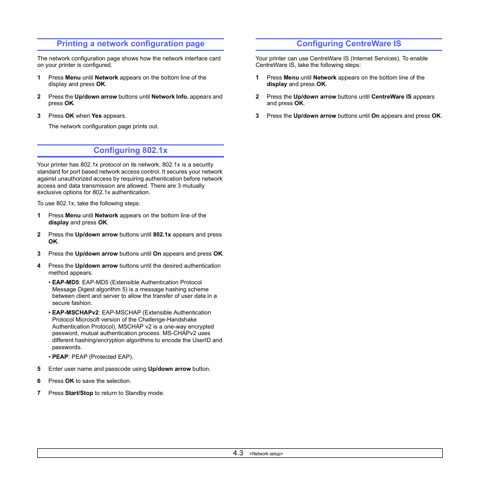 Configuring 802.1x, Configuring centreware is, Printing a network configuration page | Xerox Phaser 3435 User Manual | Page 27 / 98