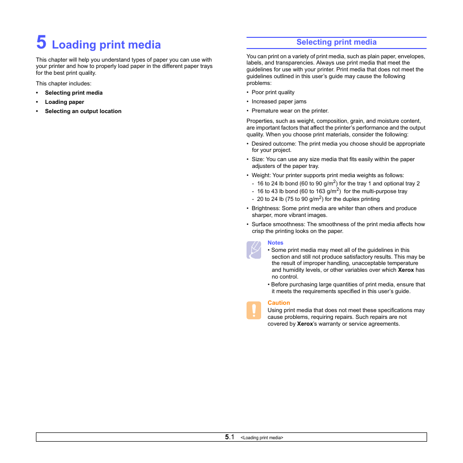 Loading print media, Selecting print media | Xerox Phaser 3435 User Manual | Page 28 / 98