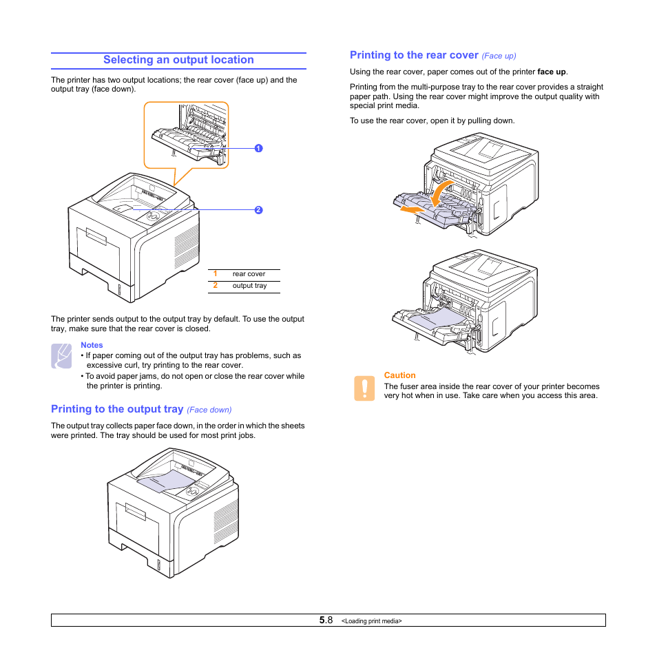 Selecting an output location, Printing to the output tray (face down), Printing to the rear cover (face up) | Printing to the output tray, Printing to the rear cover | Xerox Phaser 3435 User Manual | Page 35 / 98