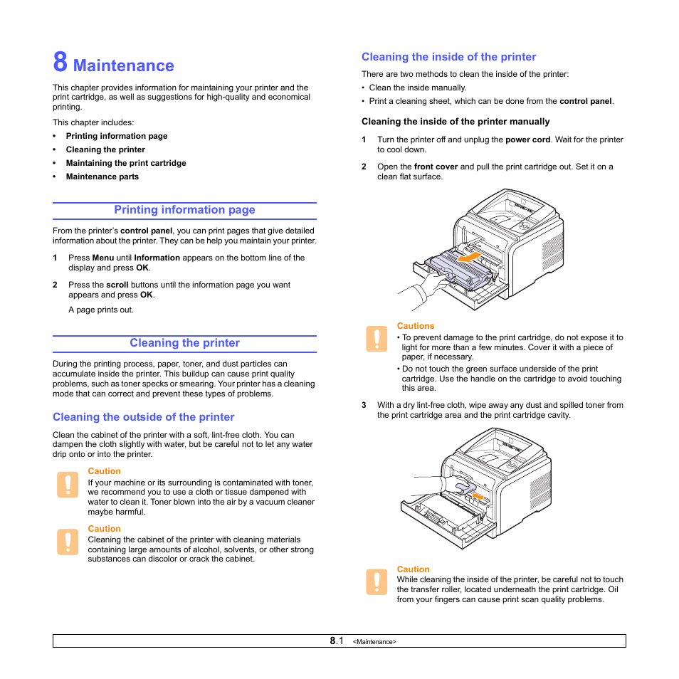 Maintenance, Cleaning the printer, Cleaning the outside of the printer | Cleaning the inside of the printer, Printing information page | Xerox Phaser 3435 User Manual | Page 38 / 98