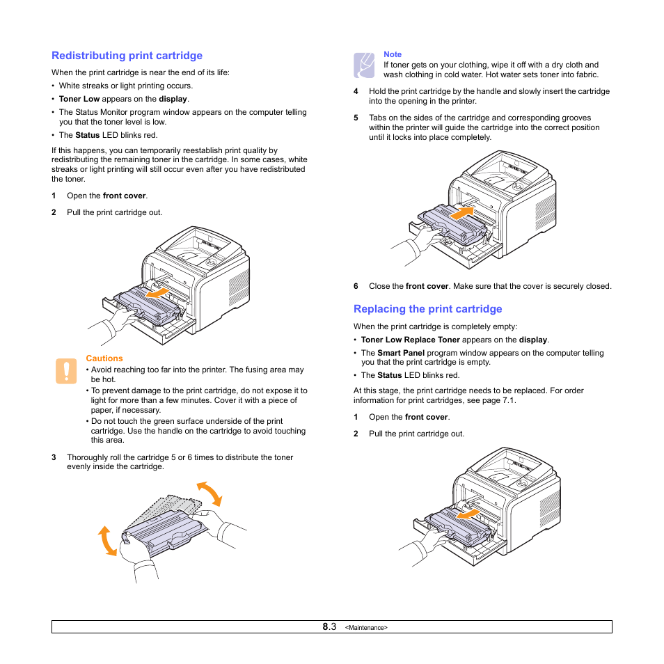Redistributing print cartridge, Replacing the print cartridge | Xerox Phaser 3435 User Manual | Page 40 / 98