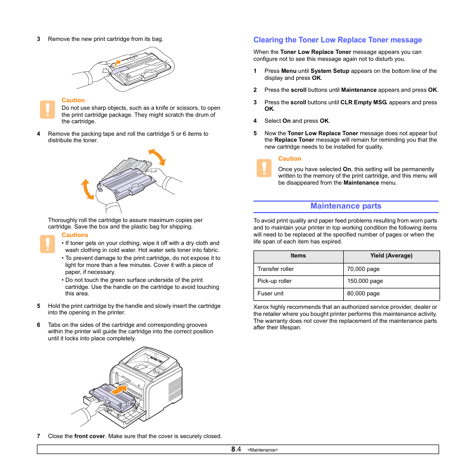 Clearing the toner low replace toner message, Maintenance parts | Xerox Phaser 3435 User Manual | Page 41 / 98