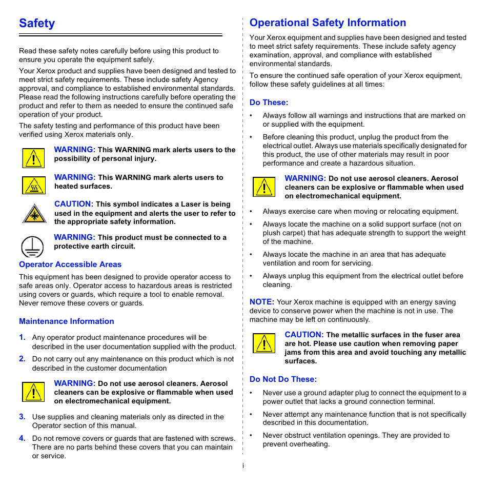 Safety, Operational safety information | Xerox Phaser 3435 User Manual | Page 5 / 98