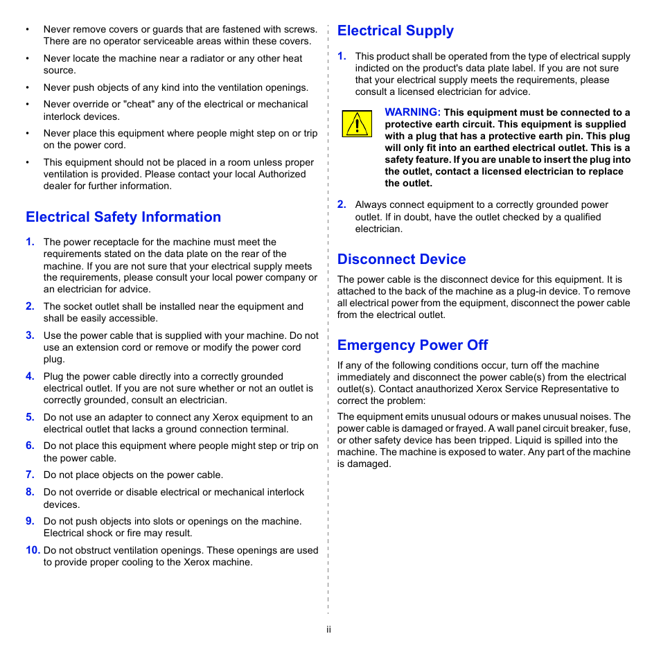 Electrical safety information, Electrical supply, Disconnect device | Emergency power off | Xerox Phaser 3435 User Manual | Page 6 / 98