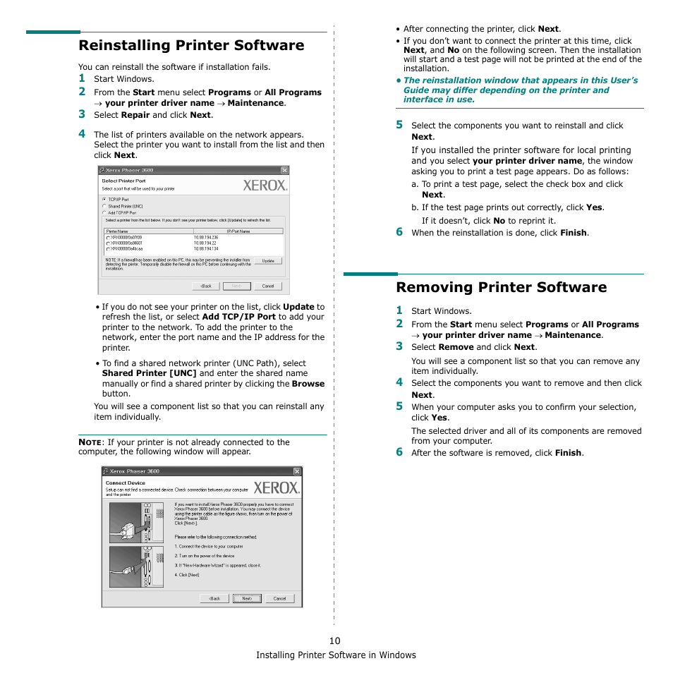 Reinstalling printer software, Removing printer software | Xerox Phaser 3435 User Manual | Page 71 / 98