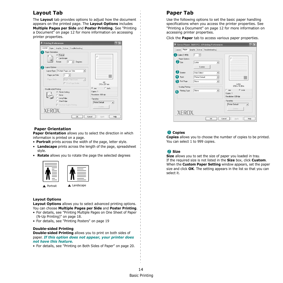 Layout tab, Paper tab, Layout tab paper tab | Layout tab - paper tab | Xerox Phaser 3435 User Manual | Page 75 / 98
