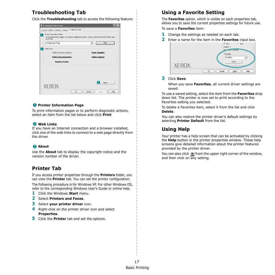 Troubleshooting tab, Printer tab, Using a favorite setting | Using help, Using a favorite setting - using help | Xerox Phaser 3435 User Manual | Page 78 / 98