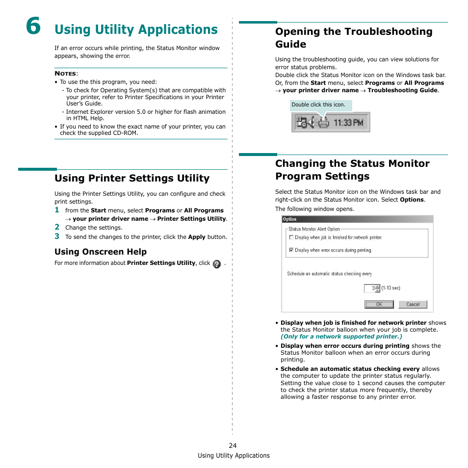 Using utility applications, Using printer settings utility, Using onscreen help | Opening the troubleshooting guide, Changing the status monitor program settings, Chapter 6 | Xerox Phaser 3435 User Manual | Page 85 / 98