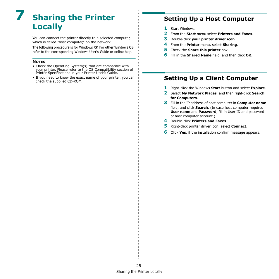 Sharing the printer locally, Setting up a host computer, Setting up a client computer | Chapter 7 | Xerox Phaser 3435 User Manual | Page 86 / 98