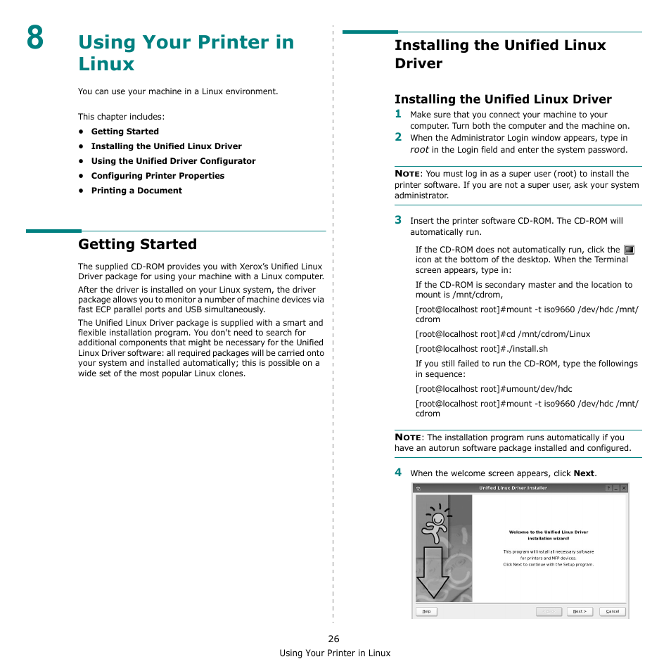 Using your printer in linux, Getting started, Installing the unified linux driver | Chapter 8 | Xerox Phaser 3435 User Manual | Page 87 / 98