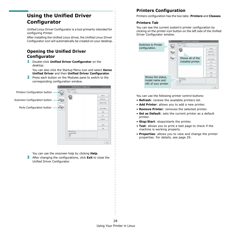 Using the unified driver configurator, Opening the unified driver configurator, Printers configuration | Xerox Phaser 3435 User Manual | Page 89 / 98