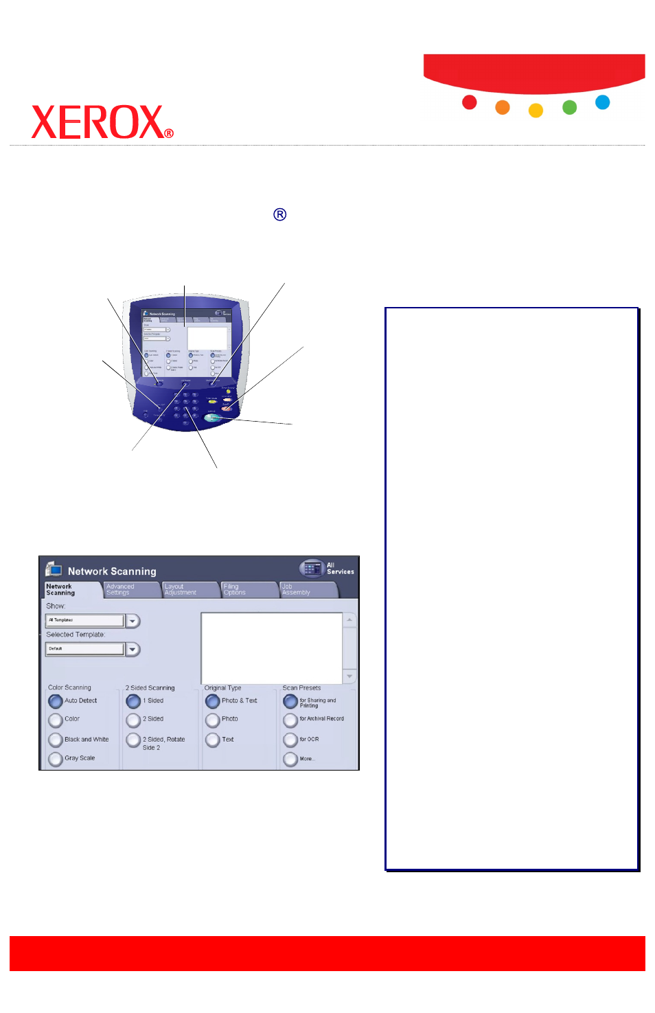 Scan.pdf, Network scanning, At the workcentre | Simple network scanning, Scanning options | Xerox WorkCentre 7665 User Manual | Page 4 / 4