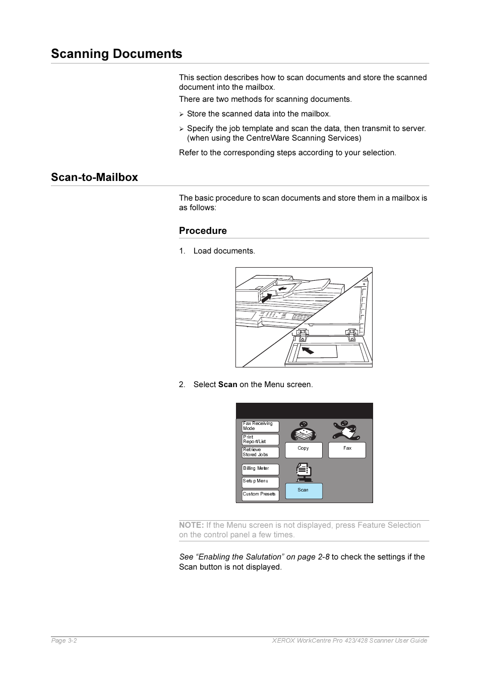 Scanning documents, Procedure, Scanning documents -2 | Procedure -2, Scan-to-mailbox | Xerox 423 User Manual | Page 30 / 68