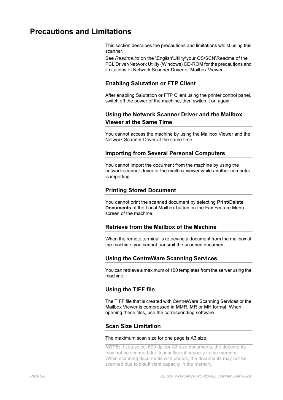 Precautions and limitations, Enabling salutation or ftp client, Importing from several personal computers | Printing stored document, Retrieve from the mailbox of the machine, Using the centreware scanning services, Using the tiff file, Scan size limitation, Precautions and limitations -2, Scan size limitation -2 | Xerox 423 User Manual | Page 60 / 68
