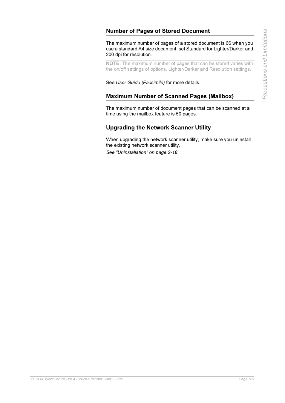 Upgrading the network scanner utility, Upgrading the network scanner utility -3, Number of pages of stored document | Maximum number of scanned pages (mailbox) | Xerox 423 User Manual | Page 61 / 68