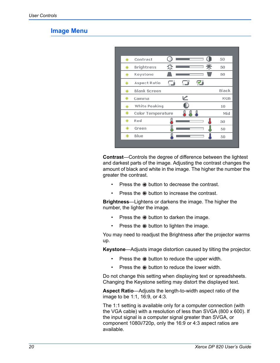 Image menu | Xerox DP 820 User Manual | Page 25 / 44