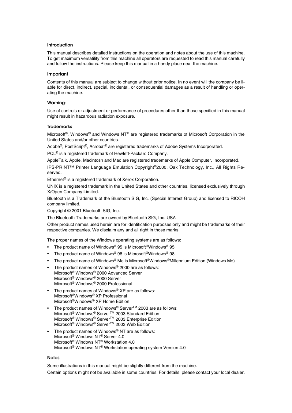 Introduction, Important, Warning | Trademarks, Notes | Xerox 2045e User Manual | Page 2 / 78