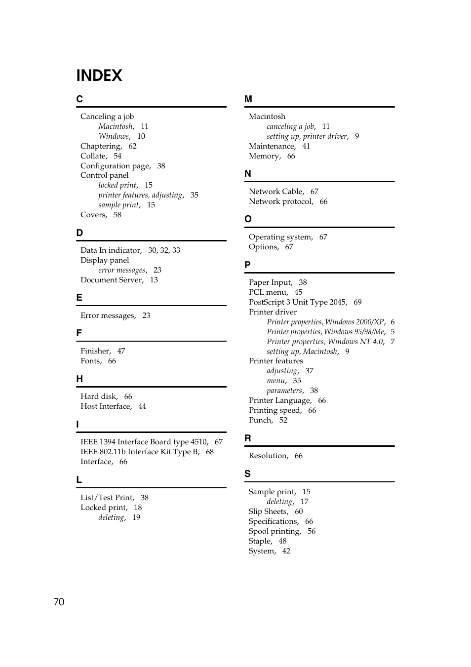 Index | Xerox 2045e User Manual | Page 74 / 78